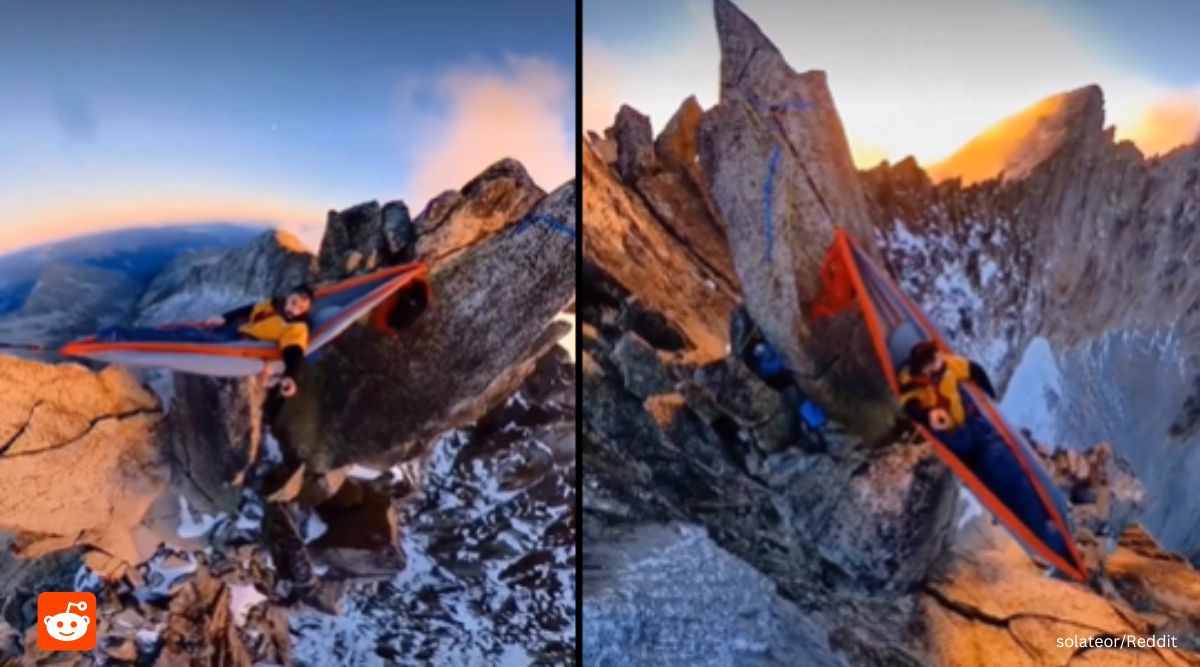 man lies on hammock between mountains, adventure videos, hammock between mountains, shocking video, indian express