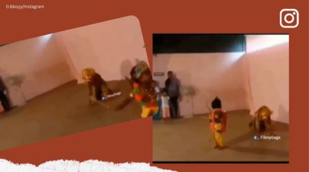 child runs away on stage, child dressed as lord runs away seeing tiger, child screams runs away seeing lion character, funny video, indian express