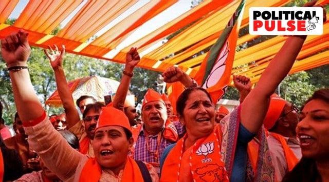 Supporters of India's ruling Bharatiya Janata Party (BJP) shout slogans as they celebrate after learning of the initial poll results of Gujarat state assembly election in Gandhinagar, India, REUTERS/Amit Dave