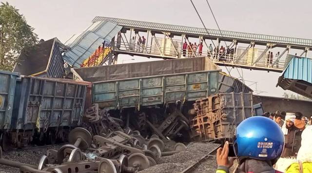 Eight wagons of a goods train derailed and crashed into the waiting hall at the Korei station in Odisha’s. (Express Photo/File)