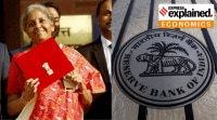 Finance Minister Nirmala Sitharaman before the budget presentation of 2021, and the RBI logo on the right.