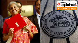 Finance Minister Nirmala Sitharaman before the budget presentation of 2021, and the RBI logo on the right.