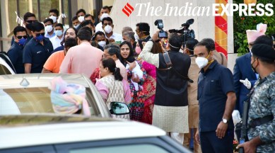 Isha Ambani and Anand Piramal, Isha Ambani returns to Mumbai, Isha Ambani babies, Isha Ambani twins, Isha Ambani photos, Isha Ambani twin photos, Ambani family, indian express news