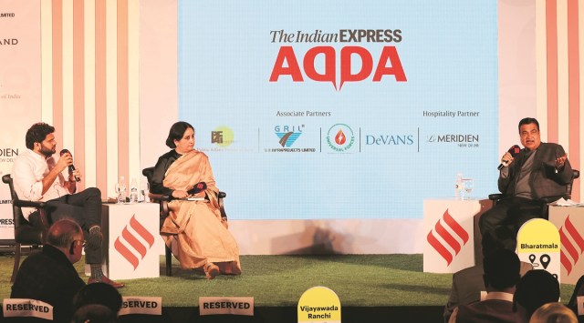 (From left) Anant Goenka, Executive Director, Indian Express Group, and Vandita Mishra, National Opinion Editor, The Indian Express, in conversation with Union Road Transport and Highways Minister Nitin Gadkari at Express Adda in Delhi