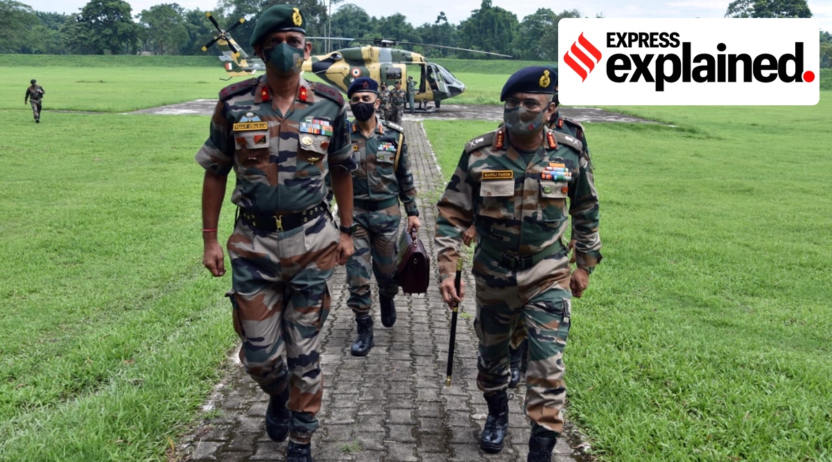 Army Chief Gen Manoj Pande, then Eastern Army Commander, in Arunachal with other senior officials in July 2021. (Source: Twitter/@adgpi)
