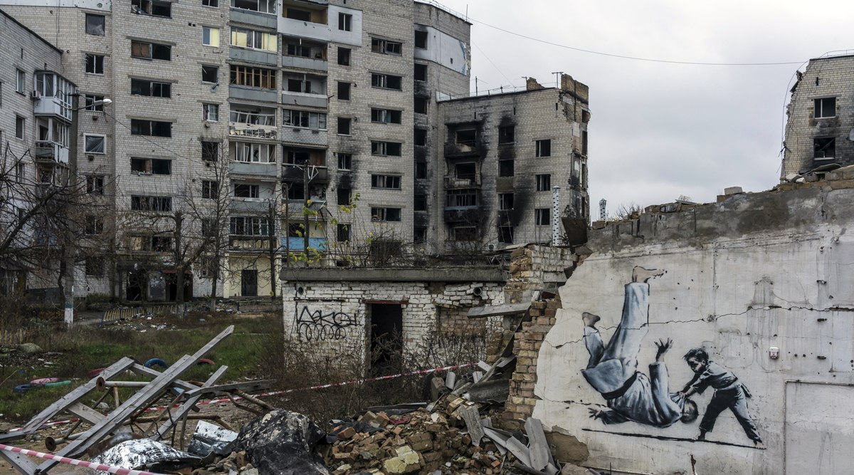 A stenciled painting attributed to Banksy, of a child defeating a Vladimir Putin-like character in a judo match, in Borodianka, near the Ukrainian capital, Kyiv, on November 14, 2022. (Photo: The New York Times)