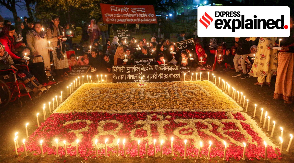Children born with congenital disabilities, believed to be caused by the exposure of their parents to gas leakage during the Union Carbide gas leak disaster in 1984, along with their relatives and supporters take part in a candle light vigil to pay homage to the victims of the tragedy to mark its 38th anniversary.