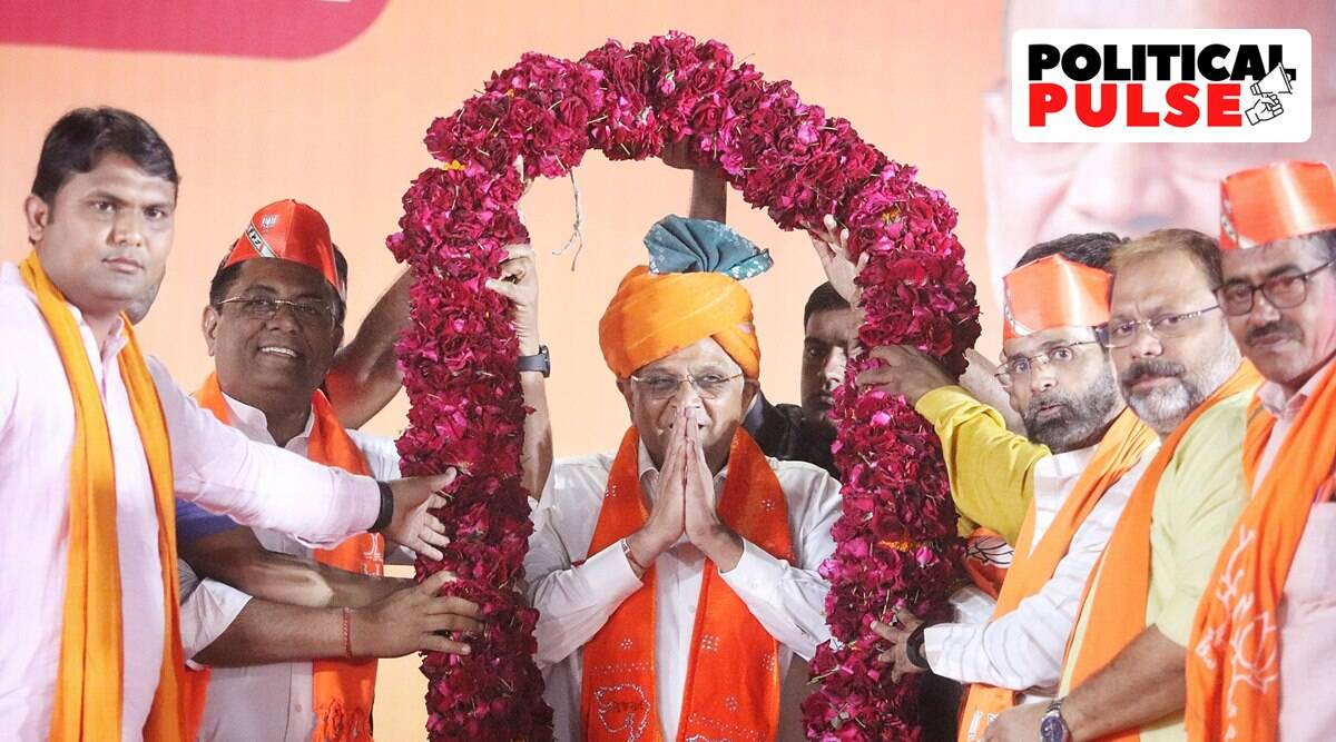 Gujarat CM Bhupendra Patel is welcomed at the BJP office in Ahmedabad after the party wins the Gujarat Assembly elections on Thursday. (Express Photo: Nirmal Harindran)