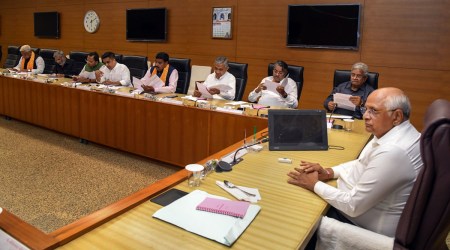 Gujarat Chief Minister Bhupendra Patel chairs first cabinet meeting with the newly sworn-in ministers, in Gandhinagar, Monday, Dec. 12, 2022. (PTI Photo)