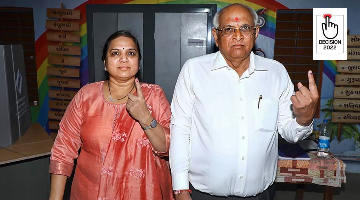Bhupendra Patel, accompanied by his wife, cast his vote at Shilaj Anupam School and appealed everyone to vote. (PTI Photo)