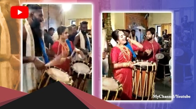 Kerala bride performs chenda, chenda melam by bride, bride plays chenda with shinkari melam artists, wedding entry, indian express