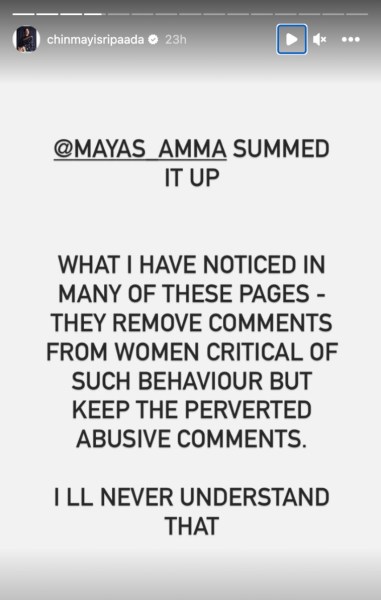 Chinmayi's Insta story question the deletion of Swati' post