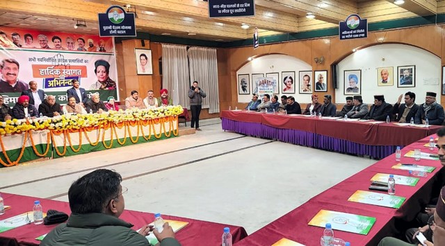 Newly-elected Congress MLAs attend the party's legislators meeting at Congress Bhawan, in Shimla (PTI)