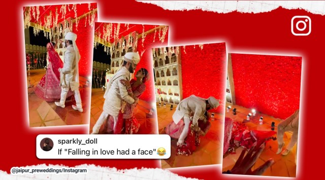 Couple trips while posing for photos on their wedding, bride falls wedding, wedding photoshoot, wedding photography, couple, arranged marriage is scary, viral, trending, Indian Express