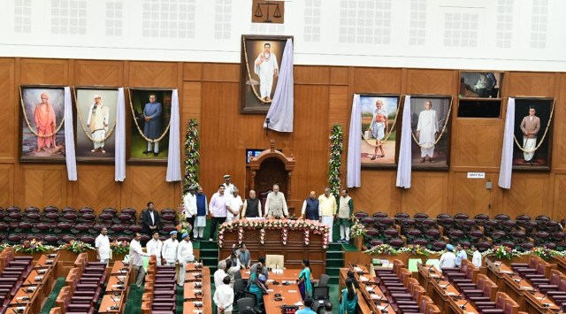 Bommai also unveiled the portraits of Mahatma Gandhi, Swami Vivekananda, Dr B R Ambedkar, social reformer Basavanna, Subhash Chandra Bose, and Sardar Vallabhbhai Patel. (Express photo)