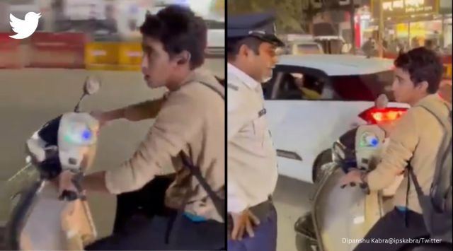 teenager drives scooter without helmet, teenager driver scooter with earphones, traffic rules, teenager gets caught by cop, indian express