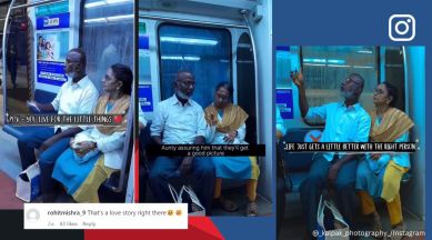 Elderly couple tries to take a selfie inside metro, Kolkata metro, couple, love, photo, couple clicks selfie in metro, Instagram, viral, trending, Indian Express