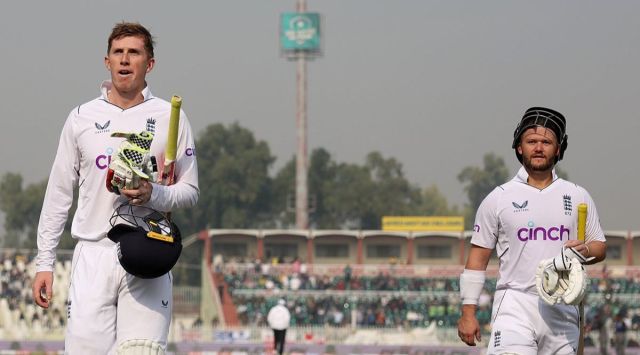 Harry Brooks and Ben Duckett walk back to the pavilion after a record-breaking first session in the Rawalpindi Test match. (ECB/Twitter)