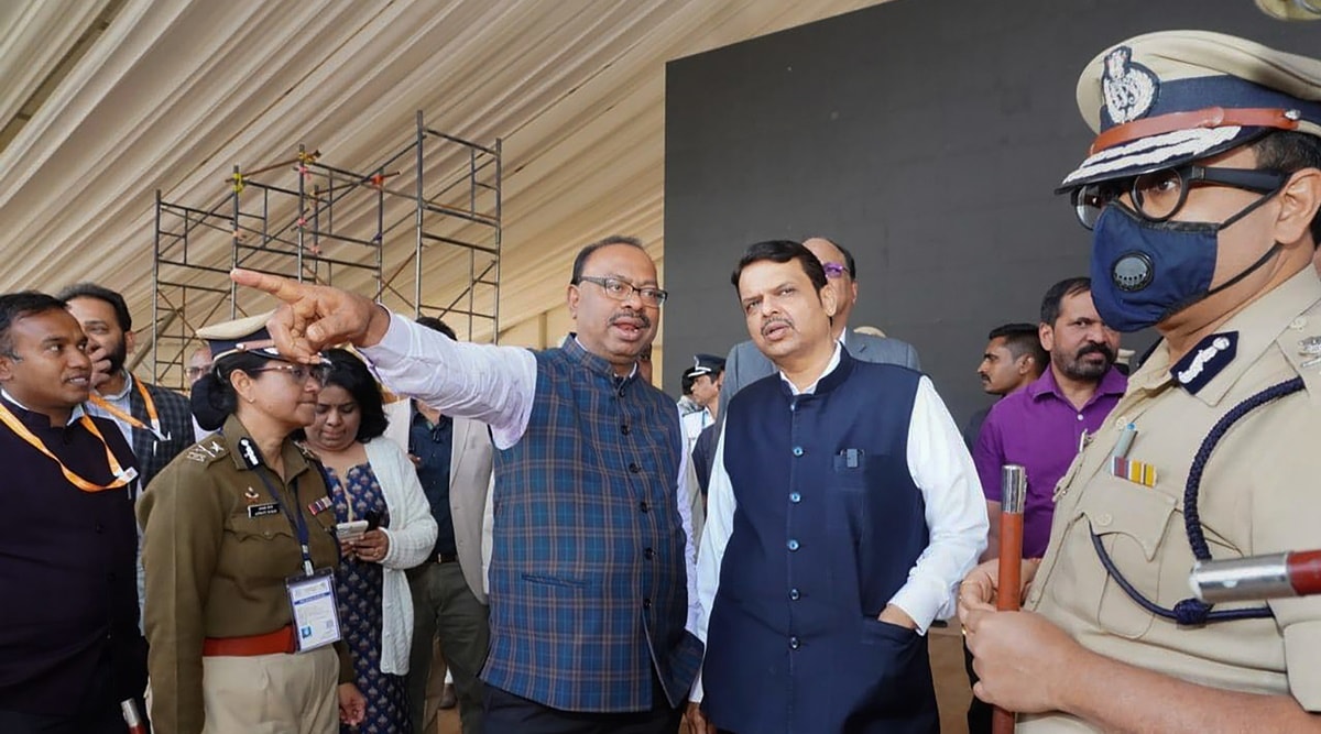 Maharashtra Deputy Chief Minister Devendra Fadnavis with Maharashtra BJP President Chandrashekhar Bawankule inspects the preperations at AIIMS ground ahead of Prime Minister Narendra Modi's visit on December 11, in Nagpur, Friday, December 9, 2022. (PTI Photo)