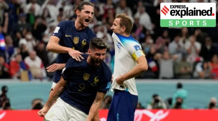 
France's Adrien Rabiot , top, and France's Olivier Giroud celebrate after England's Harry Kane missed a penalty kick during the World Cup quarterfinal soccer match between England and France, at the Al Bayt Stadium in Al Khor, Qatar. (AP)