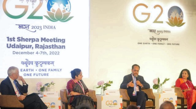Leaders take part in the first G20 Sherpa meeting under India's presidency, in Udaipur, Sunday, Dec. 4, 2022. (PTI Photo)