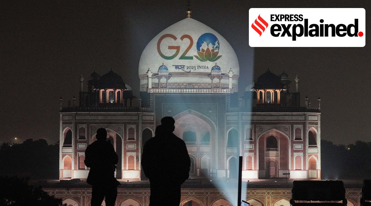 Humayun's Tomb in New Delhi is illuminated displaying the logo of G20 Summit, to be held in India in 2023. (PTI Photo/Atul Yadav)    