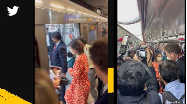 German Foreign Minister Annalena Baerbock rides on Delhi Metro during maiden India trip, Chandni Chowk, Gurdwara Sis Ganj Sahib, Delhi Metro, viral, trending, Indian Express
