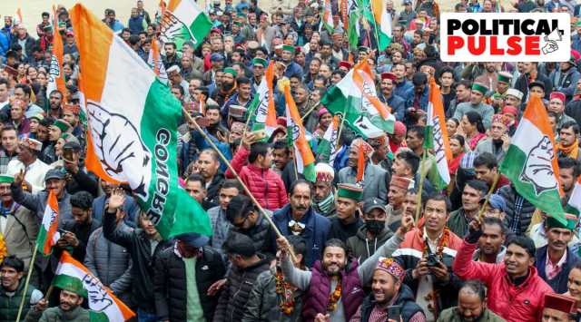 Congress workers celebrates the party's victory in Himachal Pradesh Assembly elections, in Kullu, Thursday, Dec. 8, 2022. (PTI Photo)