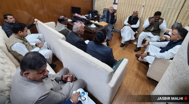 Leader of Opposition Bhupinder Singh Hooda and Congress MLAs at Haryana Vidhan Sabha on Monday. (Express Photo by Jasbir Malhi)
