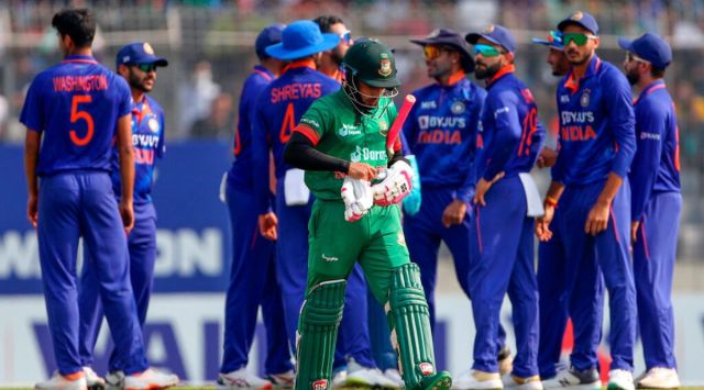 Bangladesh's Mushfiqur Rahim walks back after his dismissal during the second one day international cricket match between Bangladesh and India in Dhaka, Bangladesh, Wednesday, Dec. 7, 2022. (AP Photo/Surjeet Yadav)