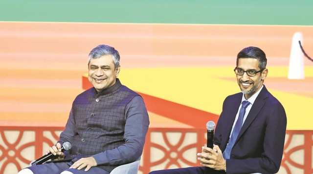 IT and telecom minister Ashwini Vaishnaw with Google CEO Sundar Pichai. File