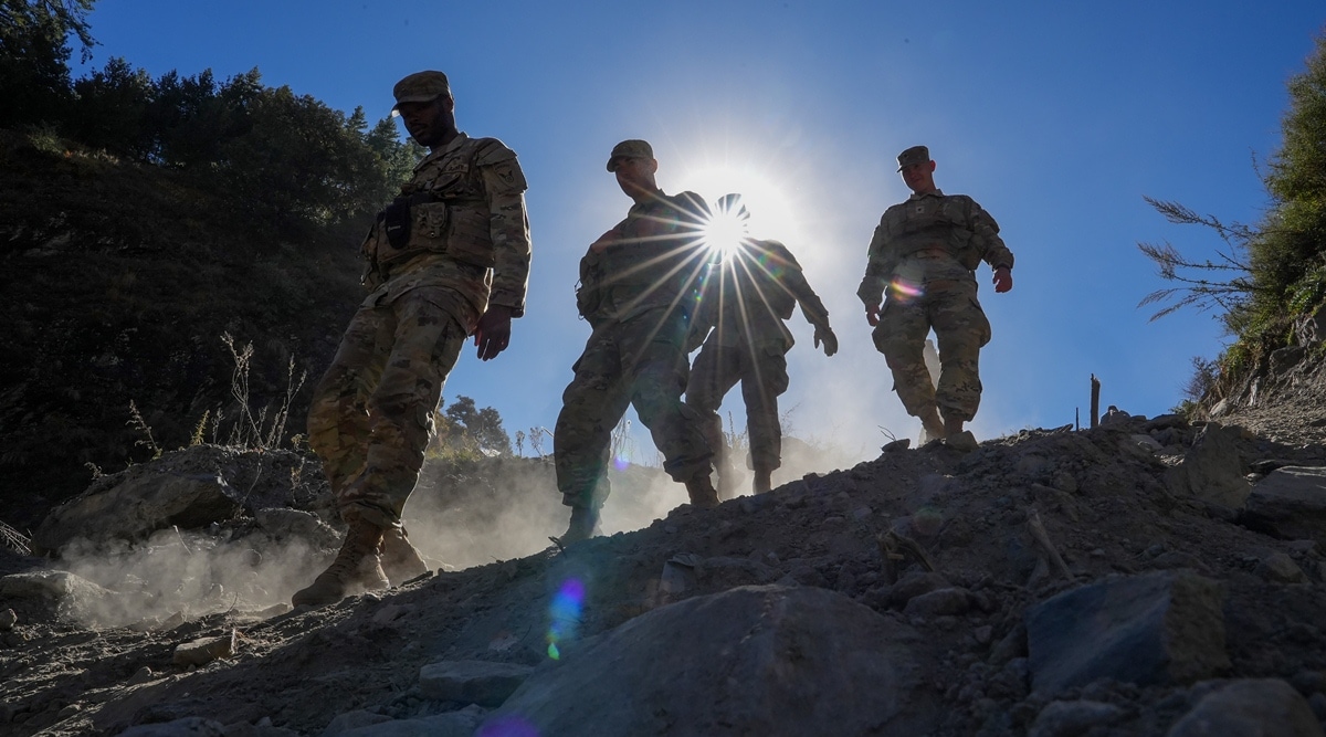 Indian and US Army personnel during the joint exercise in Auli, Uttarakhand, on Wednesday. (PTI)
