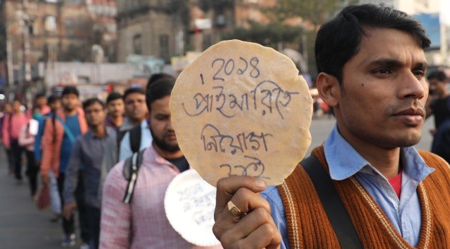 Job seekers take part in a march from Sealdah to Esplanade in Kolkata on Monday. Partha Paul