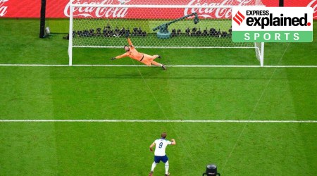 England's Harry Kane misses a penalty shot.