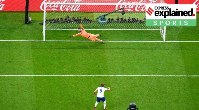 England's Harry Kane misses a penalty shot.