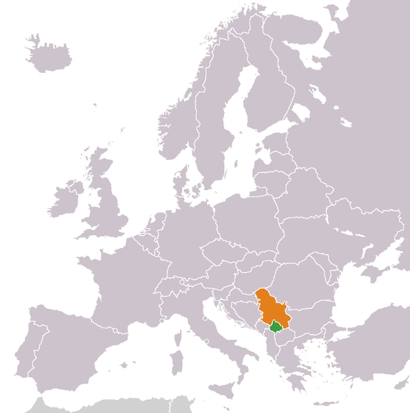 A map of Europe with Serbia and Kosovo marked. The countries lie in the south east of Europe. Serbia borders Kosovo on its north and eastern fronts, and Serbia is bigger in size.