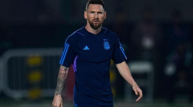 Argentina's Lionel Messi takes part during a training session of Argentina national team on the eve of the final soccer match between Argentina and France in Doha, Qatar. (AP)