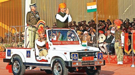 MoS for Home Affairs Nityanand Rai and BSF Director General Pankaj Kumar Singh review the parade at Guru Nanak Dev University, in Amritsar, Sunday. PTI