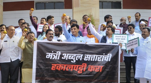 MVA MLAs protest against Maharashtra Agriculture Minister Abdul Sattar at the Assembly in Nagpur on Wednesday. (PTI)