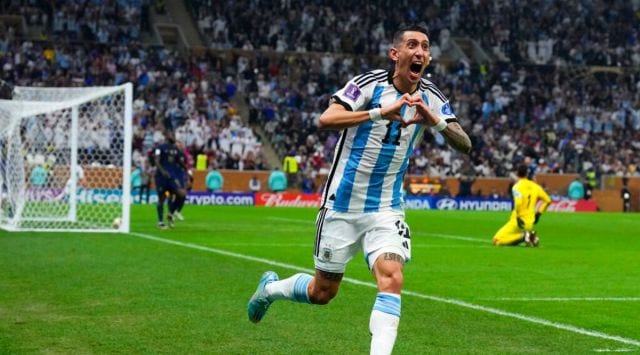 Argentina's Angel Di Maria celebrates scoring his side's second goal during the World Cup final soccer match between Argentina and France at the Lusail Stadium in Lusail, Qatar, Sunday, Dec. 18, 2022. (AP Photo/Natacha Pisarenko)