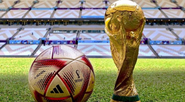 Al Hilm, the official match ball for the semifinals and the final alongside the World Cup trophy. (FIFA)
