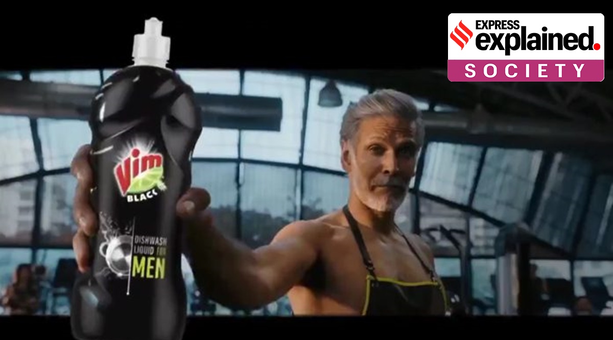 vim black dishwashing liquid, Vim black for men, vim ad controversy, milind soman, express explained, indian express