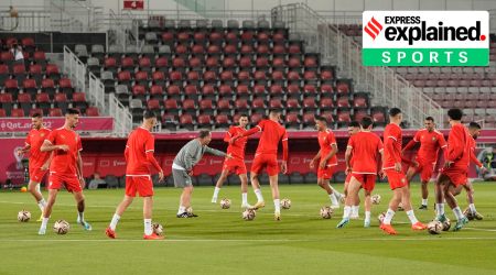 Moroccan players practice during a training session at the Duhail Stadium in Doha, Qatar, Tuesday, Dec. 13, 2022. Morocco will face France in a World Cup semifinal soccer match on Dec. 14. (AP Photo/Andre Penner)