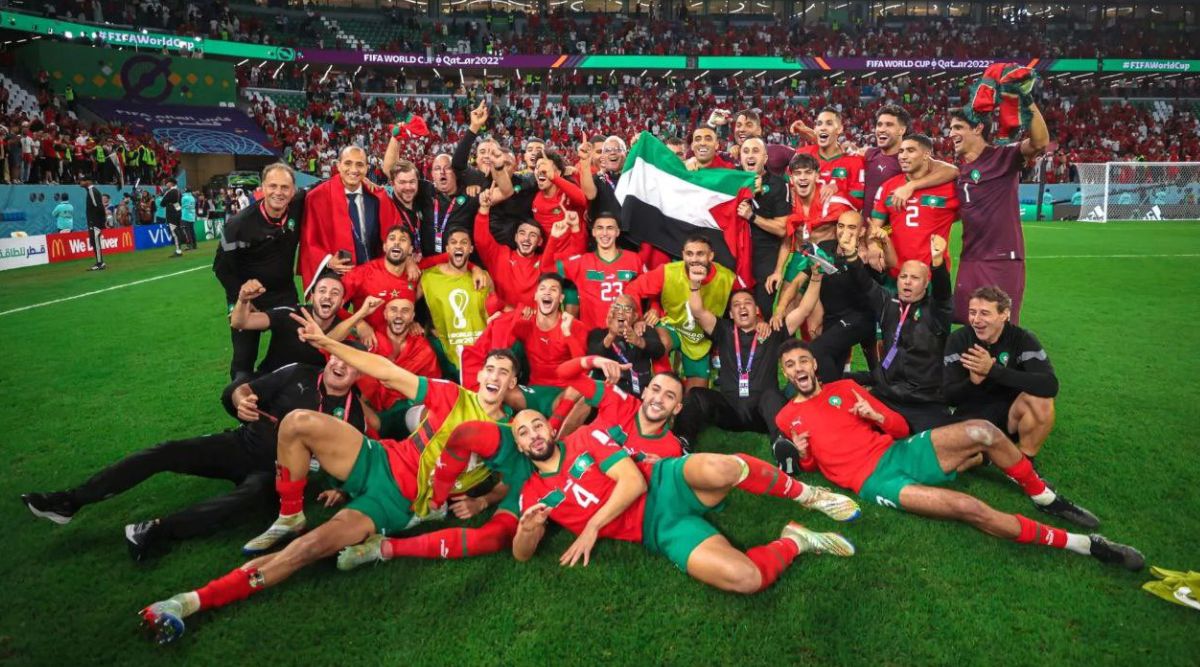 morocco players celebrate historic win against spain with palestinian flag | sports news,the indian express