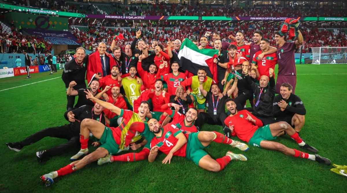 Morocco players celebrate historic win against Spain with Palestinian ...