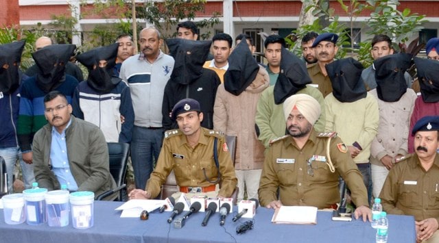 SP (Cyber) Ketan Bansal and officials of the Chandigarh Police address the media after the arrests at Sector 17 police station in Chandigarh on Wednesday. (Express Photo)