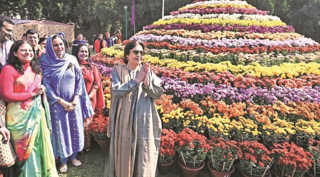 MP Kirron Kher along with senior officials taking rounds after the inauguration of the Chrysanthemum show at Terraced Garden Sector 33 in Chandigarh (Express photo by Jasbir Malhi)