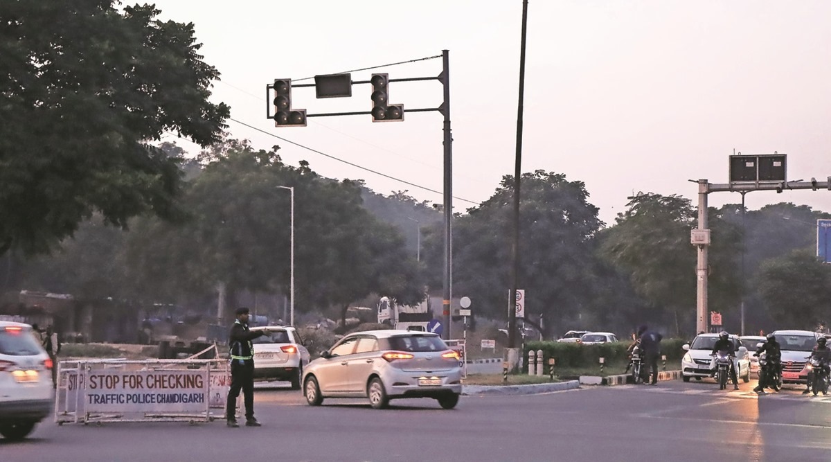 The light point of Sector 46/47/48/49 on Thursday (Express photo by Jasbir Malhi)