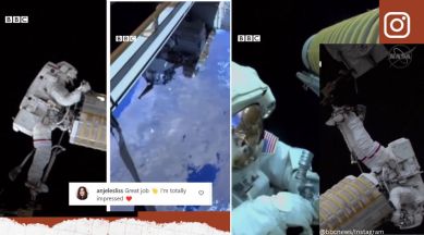 NASA releases video of astronauts carrying out spacewalk at ISS, International Space Station, ISS, solar arrays, space walk, solar panels, SpaceX, viral, trending, Indian Express
