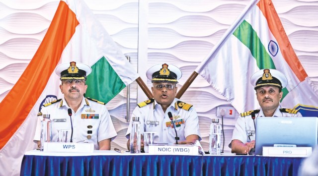 Commodore Rituraj Sahu, Naval Officer-in-Charge (West Bengal) flanked by Commodore Indrajit Dasgupta (left), Warship Production Superintendent and Commander Sudipto Maitra, Public Relations Officer, interacts with the media at INS Netaji Subhas in Kolkata on Friday.  Partha Paul